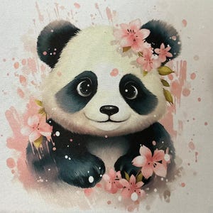 May include: A charming watercolour illustration of a panda bear with black and white fur, decorated with pink cherry blossoms. The panda has large, expressive eyes and is set against a backdrop of pink watercolour splatters. The overall theme is cute and whimsical.
