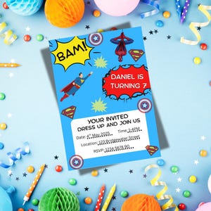 Kids superhero birthday party invitation