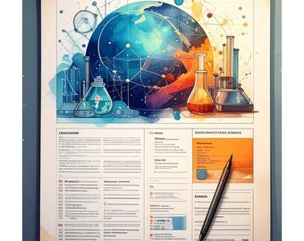 Può includere: Illustrazione scientifica con un globo blu e arancione, linee interconnesse e attrezzature di laboratorio. L'immagine include becher, fiasche e una penna, suggerendo un focus sulla scienza e la ricerca.