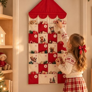Pode incluir: Um calendário do advento de tecido para pendurar na parede com um padrão de xadrez vermelho e branco e vinte e quatro bolsos numerados. Cada bolso é decorado com pequenas ilustrações de ursinhos e itens natalinos, com um topo festonado.