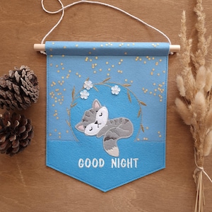 Personalized Felt Nursery Banner: Embroidered Good Night Sign with Sleeping Animal