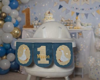 1st Birthday Decor High Chair Banner, Personalized Name Banner, Blue Yarn Tassel Garland for Boy Cake Smash