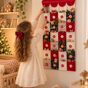 May include: A fabric wall-hanging advent calendar featuring twenty-four individual pockets arranged in a grid. Each pocket is numbered from one to twenty-four and displays various patterns including red, white, and green stripes, polka dots, and solid colours.