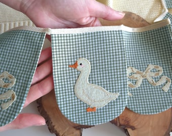 White Goose Garland for Baby Room – Soft Sage Nursery Decor, Handmade Cotton Bunting