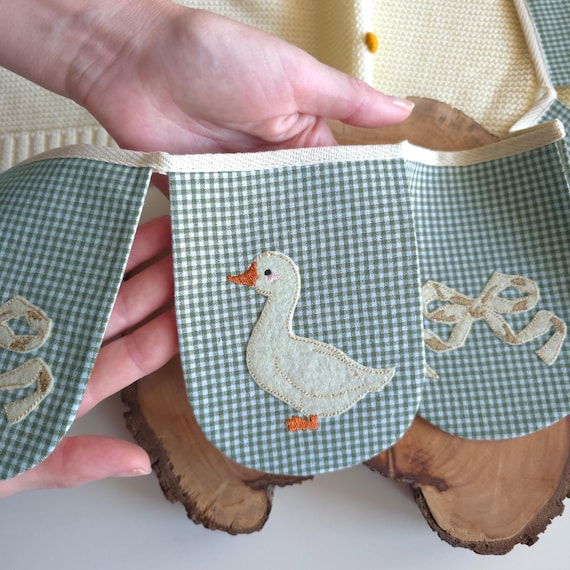 White Goose Garland for Baby Room – Soft Sage Nursery Decor, Handmade Cotton Bunting