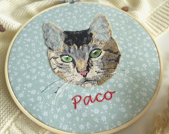 Custom Pet Embroidery Portrait: Personalized Cat Memorial Hoop Art