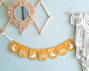 Handmade Velvet Goose Nursery Garland: Embroidered Bow Bunting