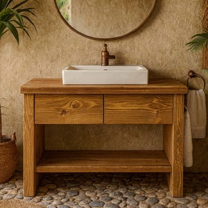 Handmade Rustic Solid Wood Bathroom Vanity with Shelf & Drawers