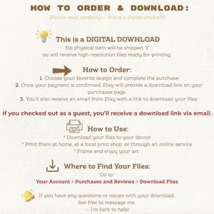 Pu&ograve; includere: Un foglio di istruzioni beige per il download digitale con testo marrone. Il testo spiega come ordinare, scaricare e utilizzare i file digitali acquistati su Etsy. Istruzioni su come trovare i file e informazioni di contatto per l'assistenza.