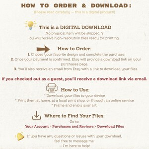 May include: A beige digital download instruction sheet with brown text. The text explains how to order, download, and use digital files purchased on Etsy. Instructions include how to find files and contact support.