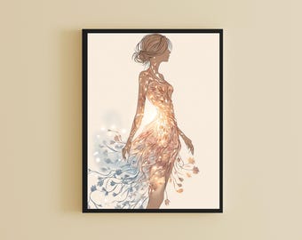 Arte femenino imprimible, póster minimalista de mujer, decoración de pared en tonos suaves