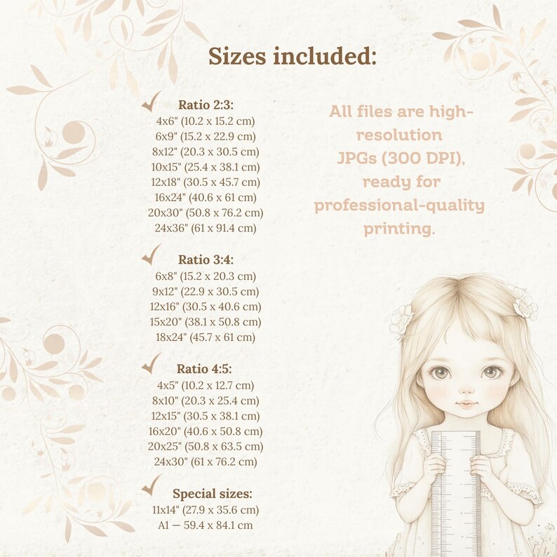 Pu&ograve; includere: Stampa artistica digitale di una ragazza bionda che tiene un righello. L'immagine include dimensioni come 10,2 x 15,2 cm, 20,3 x 30,5 cm e 40,6 x 61 cm, e indica che i file sono JPG ad alta risoluzione pronti per la stampa professionale.