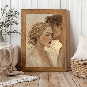 Romantic Couple Line Art, Kiss Wall Print, Minimalist Love Poster