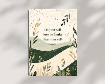 Afdrukbaar citaat zelfliefde boven zelftwijfel – motiverende muurkunst, affirmatieposter voor vrouwen, genezend decor
