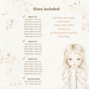 May include: A digital art print featuring a young girl with long blonde hair, holding a ruler. The image includes a list of sizes, such as 4x6 inches, 8x12 inches, and 16x24 inches, with corresponding metric measurements. Text states "All files are high-resolution JPGs (300 DPI), ready for professional-quality printing."