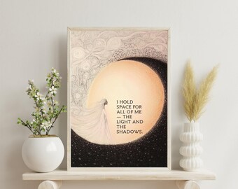 I Hold Space For All of Me – inspirerende zelfacceptatieposter, emotionele wellness muurkunst