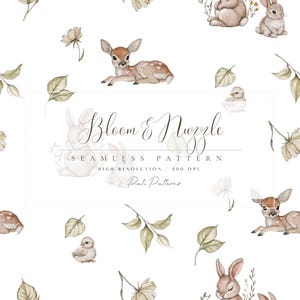 Waldtiere Nahtloses Muster - Baby Rehkitz Häschen Vogel Aquarell Kinderzimmer Stoffdesign - Neutrales Waldtier JPG - Aquarell Kinderzimmer
