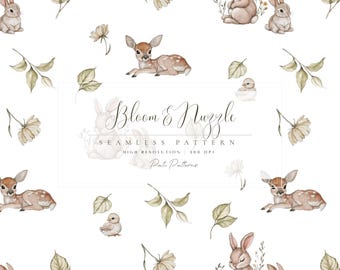 Woodland Animals Seamless Pattern - Baby Fawn Bunny Bird Watercolor Nursery Fabric Design - Neutral Forest Animal JPG - Watercolor Nursery