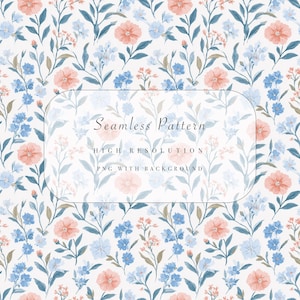 May include: A seamless floral pattern featuring watercolor flowers in shades of peach and blue, with green leaves on a white background. The text "Seamless Pattern" is displayed in a rounded rectangle.
