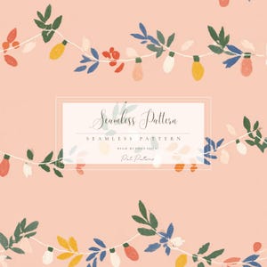 Puede incluir: Diseño de patrón sin costuras con guirnaldas de luces de colores y follaje sobre un fondo melocotón suave. El diseño incluye el texto "Seamless Pattern" y "High Resolution".