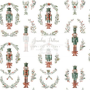 Puede incluir: Un patrón sin costuras con ilustraciones en acuarela de cascanueces de juguete en rojo, verde y marrón, rodeados de coronas festivas y ramitas de bayas. El texto "Seamless Pattern" también es visible.