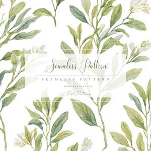 Puede incluir: Patrón sin costuras de acuarela con hojas verdes y flores blancas sobre fondo blanco. El diseño incluye el texto "Seamless Pattern" y "High Resolution". Adecuado para diversas aplicaciones.