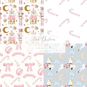 Può includere: Una collezione di motivi senza cuciture con un tema natalizio rosa. I disegni includono un orsacchiotto in un abito rosa, schiaccianoci, bastoncini di zucchero, fiocchi e un cavallo da giostra. Il testo "Pink Christmas" è visibile.