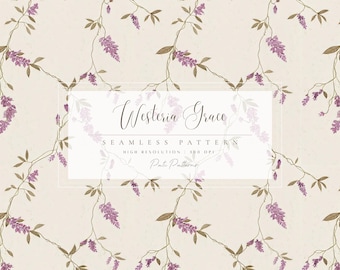 Wisteria Grace Seamless Pattern - Vintage Watercolor Floral Digital Paper, Purple Botanical Vines on Cream for Wedding Fabric Design Floral