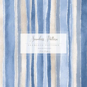 May include: Watercolor seamless pattern with vertical stripes in shades of blue and beige. The image includes the text "Seamless Pattern" and "High Resolution". The pattern is from Pate Patterns.