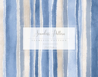Watercolor Blue Beige Stripes Seamless Pattern PNG, Fast Download, Commercial Use, Kids Room, Coastal Summer Digital Paper Background