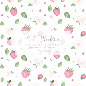 Strawberry Seamless Pattern, Watercolor Fruit & Floral Digital Paper, Summer Pink Strawberry Blossom Clipart, Cute Fabric Design, Cute PNG