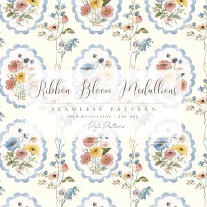 May include: A seamless pattern featuring floral medallions with a watercolor effect. Each medallion has a light blue scalloped border and contains a bouquet of colorful flowers. The text "Ribbon Bloom Medallions" is displayed in elegant script.