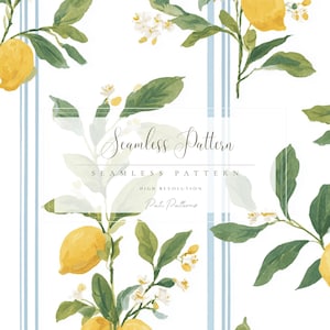 May include: Watercolor seamless pattern featuring yellow lemons, green leaves, and white blossoms on a white background with vertical light blue stripes. The text "Seamless Pattern" is displayed in an elegant script.