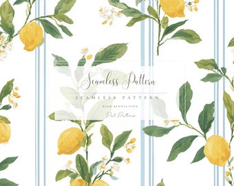 Lemon Seamless Pattern with Blue Stripes PNG, Summer Citrus Digital Paper, Fast Download, Commercial Use for Fabric, Crafts, Scrapbook