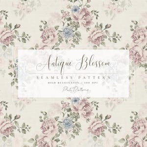 Naadloze antiekbloesempatroon - vintage bloemen digitaal papier, herhaling roze blauwe pioenroos, romantisch behang afdrukbaar, zacht shabby chic