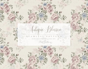 Antique Blossom Seamless Pattern - Vintage Floral Digital Paper, Pink Blue Peony Repeat, Romantic Wallpaper Printable, Soft Shabby Chic