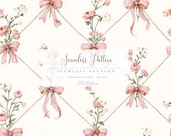 Floral Seamless Pattern, Vintage Pink Bow Digital Paper, Watercolor Flower Scrapbook, Romantic Textile Design, Instant Download
