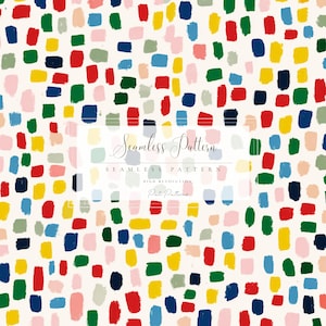 May include: A seamless pattern design featuring colorful brushstrokes in red, yellow, blue, green, and pink on a cream background. The text "Seamless Pattern" is displayed in a white rectangle.