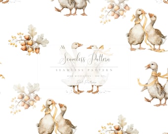 Whimsical Goose Seamless Pattern, Autumn Duck PNG Background, Cottagecore Goose Digital Paper, Woodland Nursery Fabric Design, Silly Goose