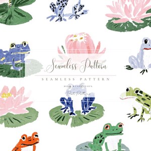 Puede incluir: Un patrón sin costuras con ilustraciones en acuarela de ranas, nenúfares y flores de loto en tonos verdes, azules, rosas y naranjas. Las palabras "Seamless Pattern" están escritas en una fuente de guion.