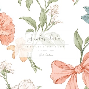 Puede incluir: Patrón floral acuarela sin costuras con flores melocotón y blancas, hojas verdes y un lazo melocotón sobre fondo blanco. El texto "Seamless Pattern" se muestra en una elegante escritura. Alta resolución.