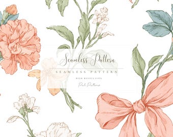 Peach Floral Bow Seamless Pattern PNG, Elegant Spring Flowers, Fast Download, Commercial Use, Kids and Holiday Digital Paper 216 DPI