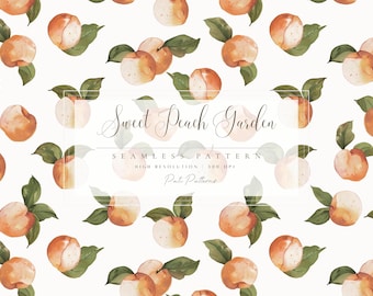 Watercolor Sweet Peach Garden Seamless Pattern - Fruit Digital Paper - Summer Digital Background - Kitchen Decor - Instant Download JPG File