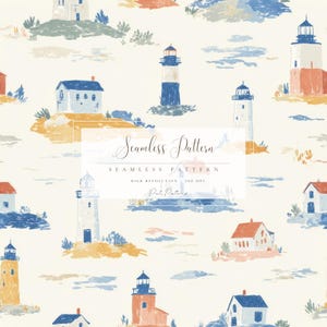 May include: A seamless pattern featuring watercolor illustrations of lighthouses and small houses in shades of blue, orange, and yellow. The text "Seamless Pattern" is displayed in the center of the image.