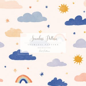 May include: A seamless pattern featuring watercolor illustrations of clouds, suns, stars, and rainbows in shades of blue, orange, and yellow. The text "Seamless Pattern" is displayed in a decorative font.