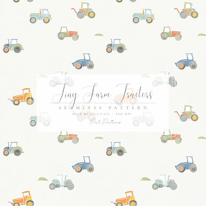Tiny Farm Tractors Seamless Pattern - Nursery Wallpaper - Baby Boy Seamless Pattern - Vintage Tractors for Boys Room Baby Shower - Nursery