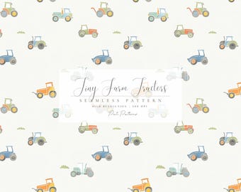 Tiny Farm Tractors Seamless Pattern - Nursery Wallpaper - Baby Boy Seamless Pattern - Vintage Tractors for Boys Room Baby Shower - Nursery