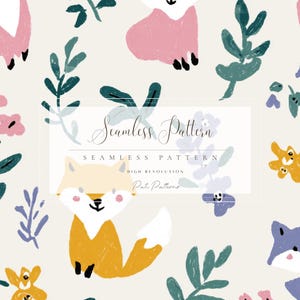May include: A seamless pattern design featuring cartoon foxes in shades of yellow, pink, and blue, interspersed with green foliage and flowers. The design includes the text "Seamless Pattern" in a decorative font.