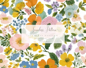 May include: A floral seamless pattern featuring a variety of flowers in shades of pink, yellow, orange, blue, and purple. The design includes roses, poppies, and other blooms with green foliage on a white background. The text "Seamless Pattern" is displayed.