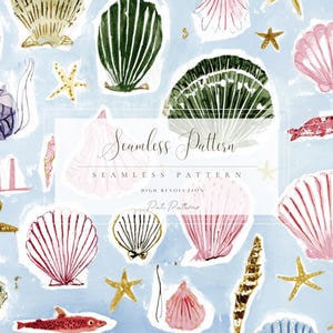Könnte beinhalten: Nahtloses Aquarellmuster mit verschiedenen Muscheln, Seesternen und Fischen in Rosa, Grün, Gold und Rot auf hellblauem Hintergrund. Der Text "Seamless Pattern" ist mittig platziert.